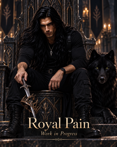 Royal Pain work in progress: Gill seated on an Elven throne beside Harley in wolf form.